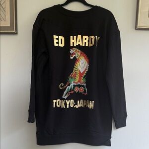 Ed Hardy Black Crewneck with Gold and Multicolor Tiger 100% Cotton